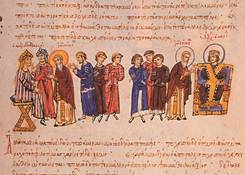 Skylitzes von Madrid (12. Jh.), fol. 47r: Botschaft des byzantinischen Kaisers Theophilos an den Kalifen al-Ma'mūn.