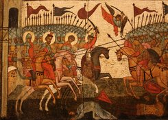 Schlacht der Nowgoroder gegen die Susdaler 1170 (Detail). Ikone, Mitte/2. Hälfte 15. Jh. Weliki Nowgorod, Ikonenmuseum