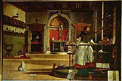 Ölgemälde zeigt den Heiligen Augustinus in seinem Studio beim Schreiben