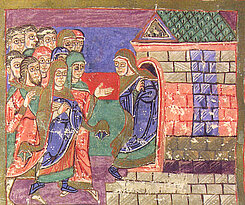 Illustration "Radegunde withdrawing to her monastery in Poitiers" from the Vita of Saint Radegunde