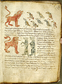 Seite griechischer Handschrift, griechischer Text, Löwe vor acht Vögeln, Löwe vor zwei Wölfen
