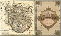 Links: Landkarte von Serbien. Rechts: Medaillon mit Kirche, Grundriss der Kirche, zwei Königen
